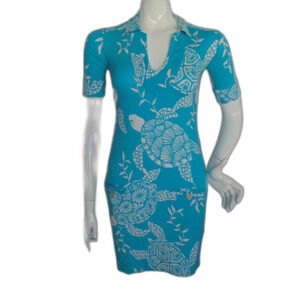 TORI RICHARD Dress, XXS, Aqua, Jersey, Turtle Print, Pockets Short Sleeves Rayon